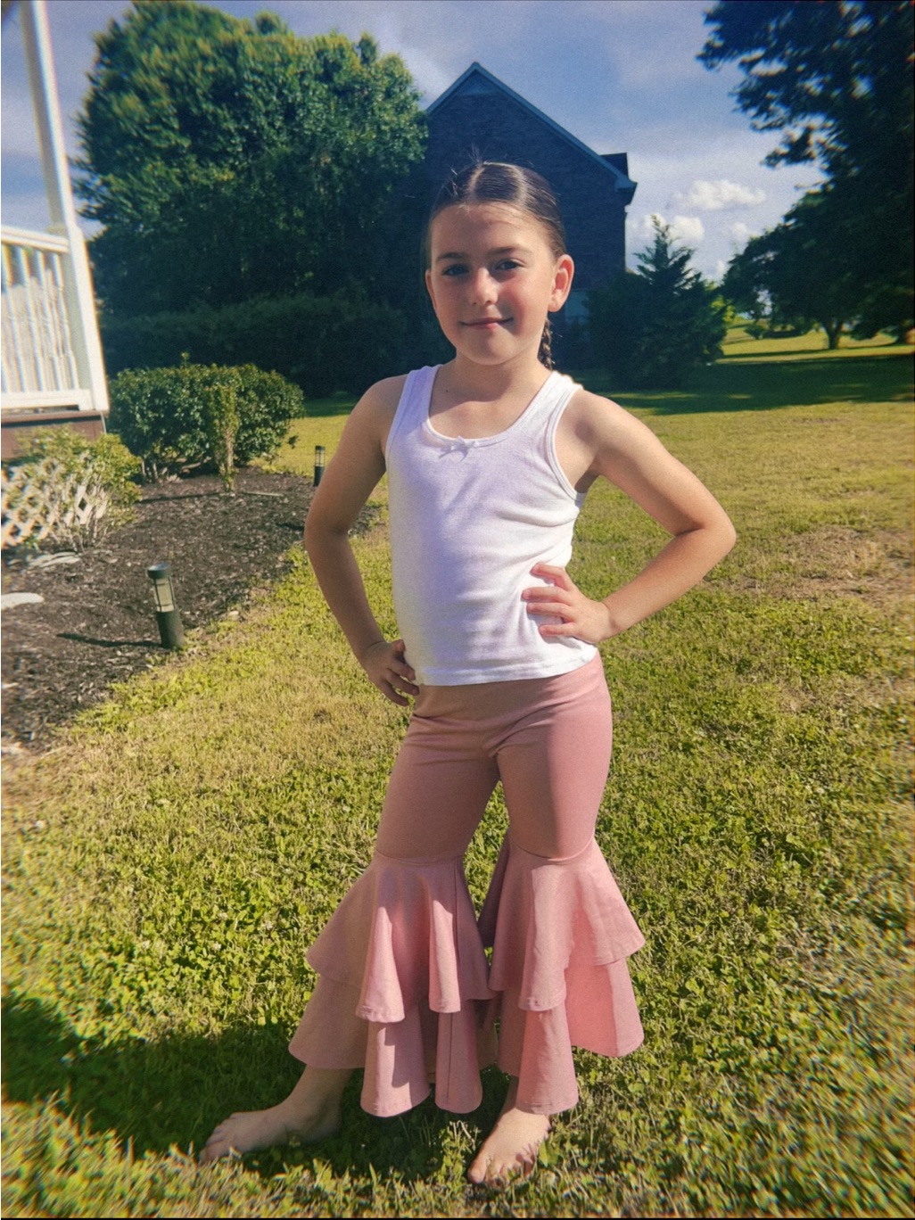Girls Pink Triple Ruffle Flare Pants - Kids Bottoms
